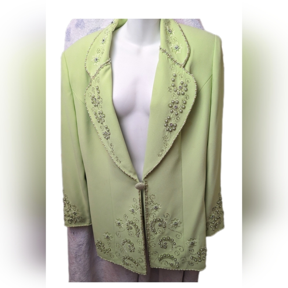 NIGHT STUDIO Couture Beaded Light Lime Green Church Jacket Size 14. Bag 7
